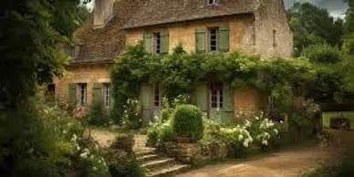 French country home with stone walls, green shutters, and a garden path.