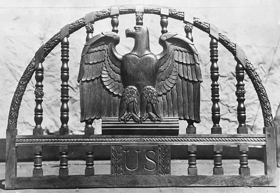 Archival 1937 photograph of Stuart Holmes's eagle relief made for the Bell post office