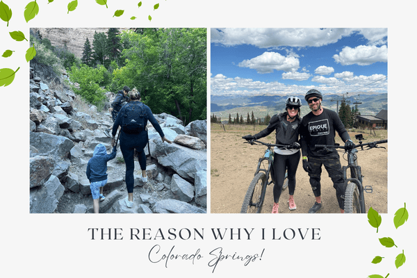 Spring in Colorado Springs graphic with hiking and mountain biking photos and the words “The reason why I love Colorado Springs!”