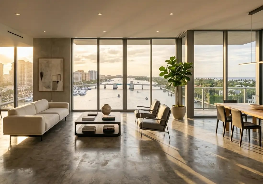A sleek, modern luxury penthouse interior with floor-to-ceiling glass windows overlooking the Intracoastal Waterway.