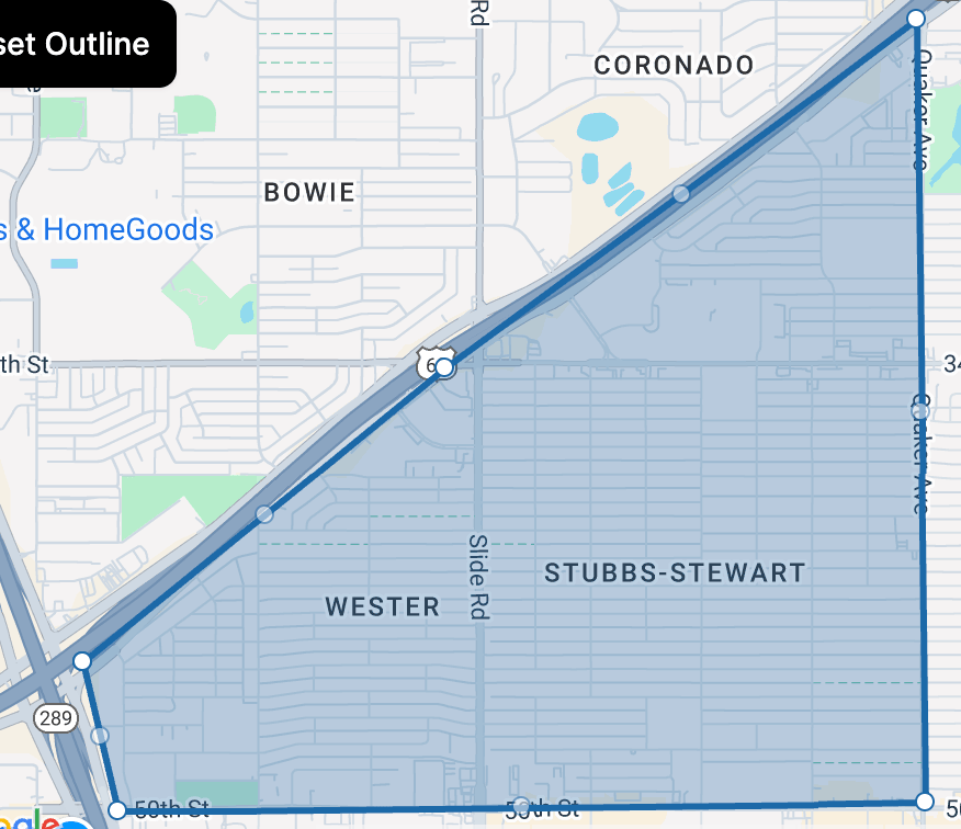 Map highlighting the Stubbs-Stewart neighborhood boundary in blue.