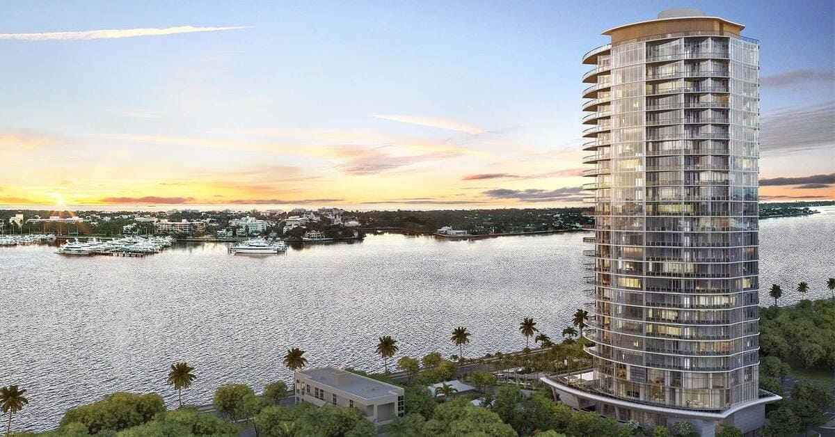 Forté on Flagler tower exterior at sunset, rendering from the Intracoastal
