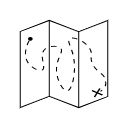 Folded map with a dotted route ending at an X.