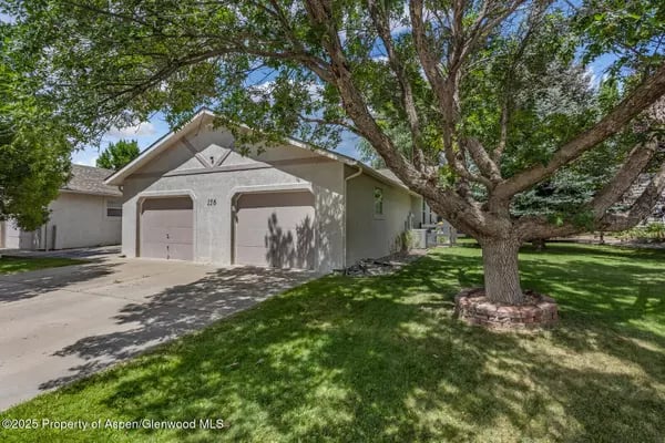 Single-story home with a two-car garage and a large shade tree in the front yard.