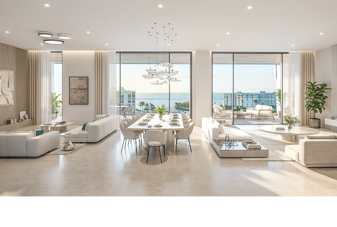 Rendering of an open living and dining room at 3300 Gulf Shore, Naples