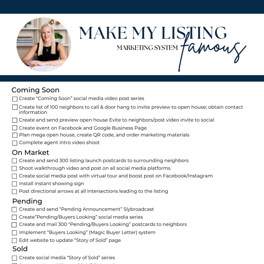 Make My Listing Famous real estate marketing checklist, with tasks grouped by listing stage and a circular portrait of a woman.