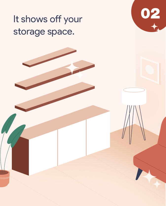Decluttering tip 02: floating shelves and a cabinet illustrate the value of showing off storage space.