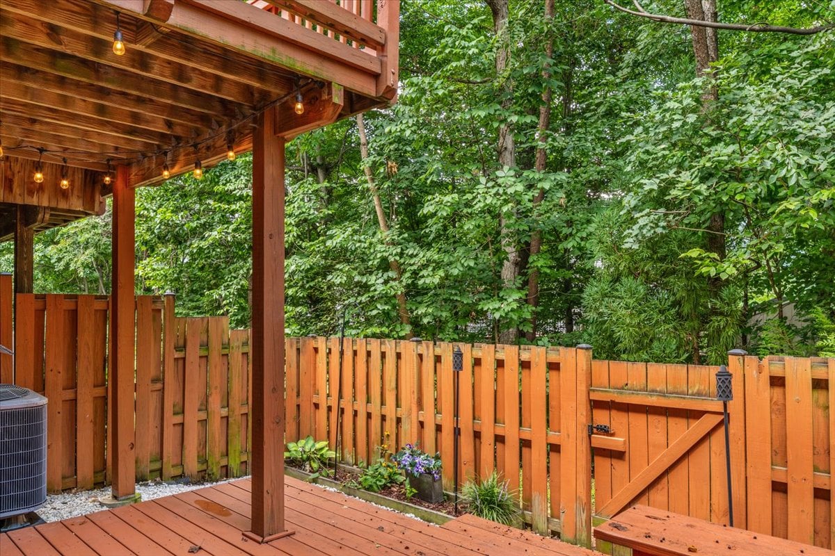 Covered backyard deck with string lights, a privacy fence, and dense trees beyond.