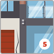 Number 5 on a stylized architectural illustration