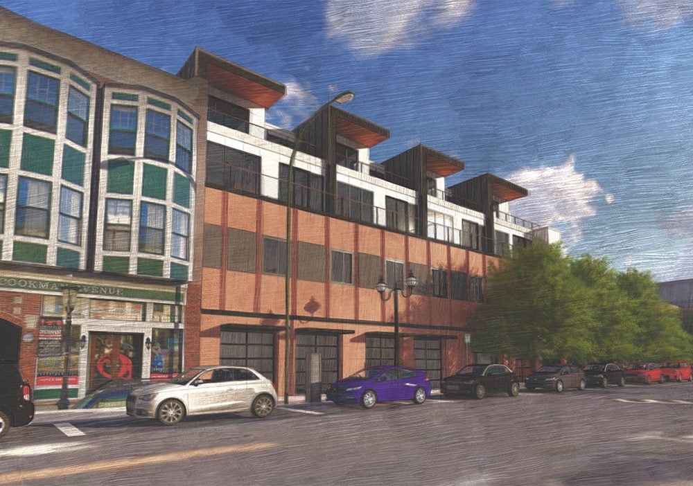 Architectural rendering of a brick-and-glass development with street-level storefronts and parked cars.
