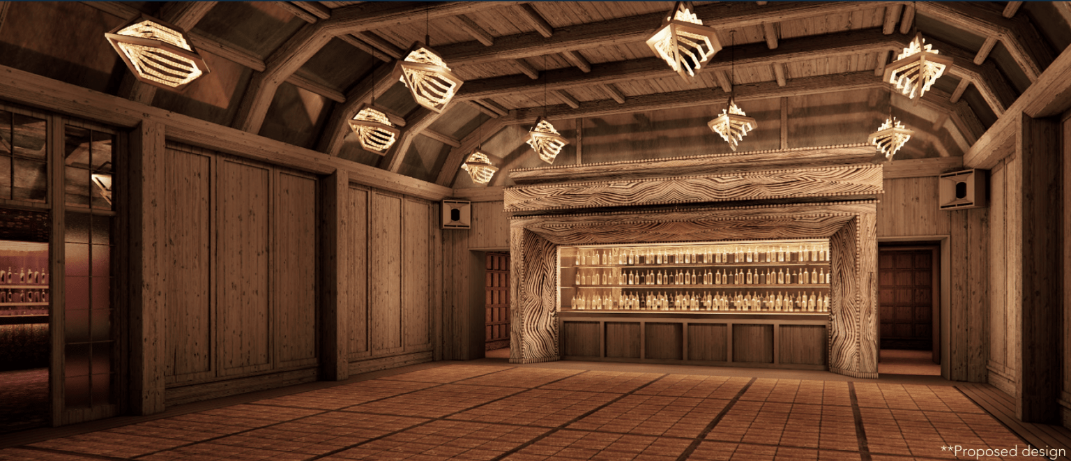 Proposed wood-paneled bar design with a bottle-lined counter and geometric pendant lights.