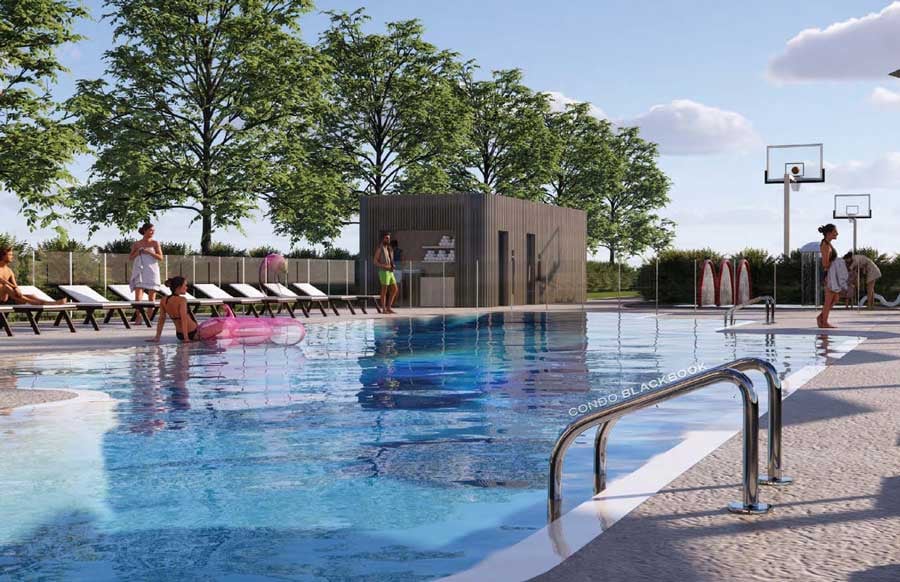 Tal Aventura pool with a poolside cabana, lounge chairs, and basketball hoops.