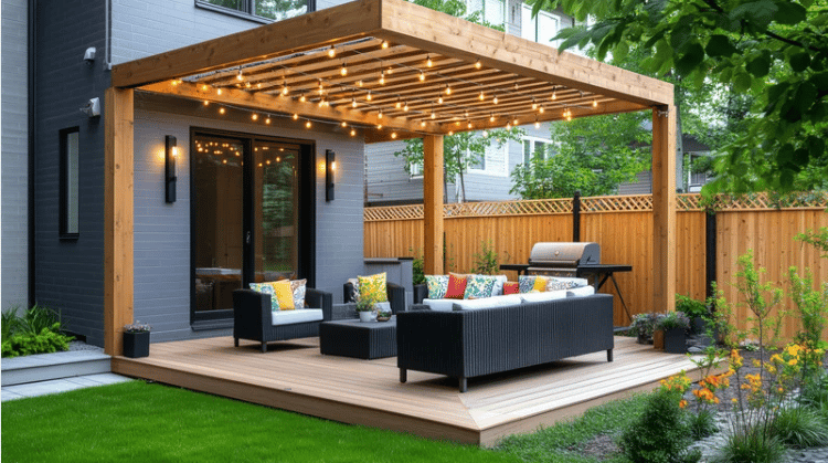 Backyard deck with a timber pergola, string lights, outdoor seating, and a grill.