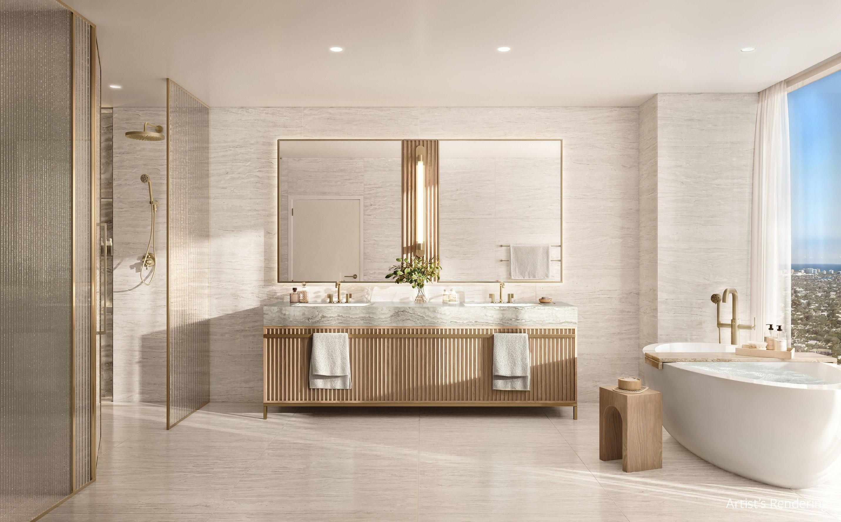 Rendering of a master bathroom at Ombelle Fort Lauderdale with a soaking tub, glass shower and skyline views