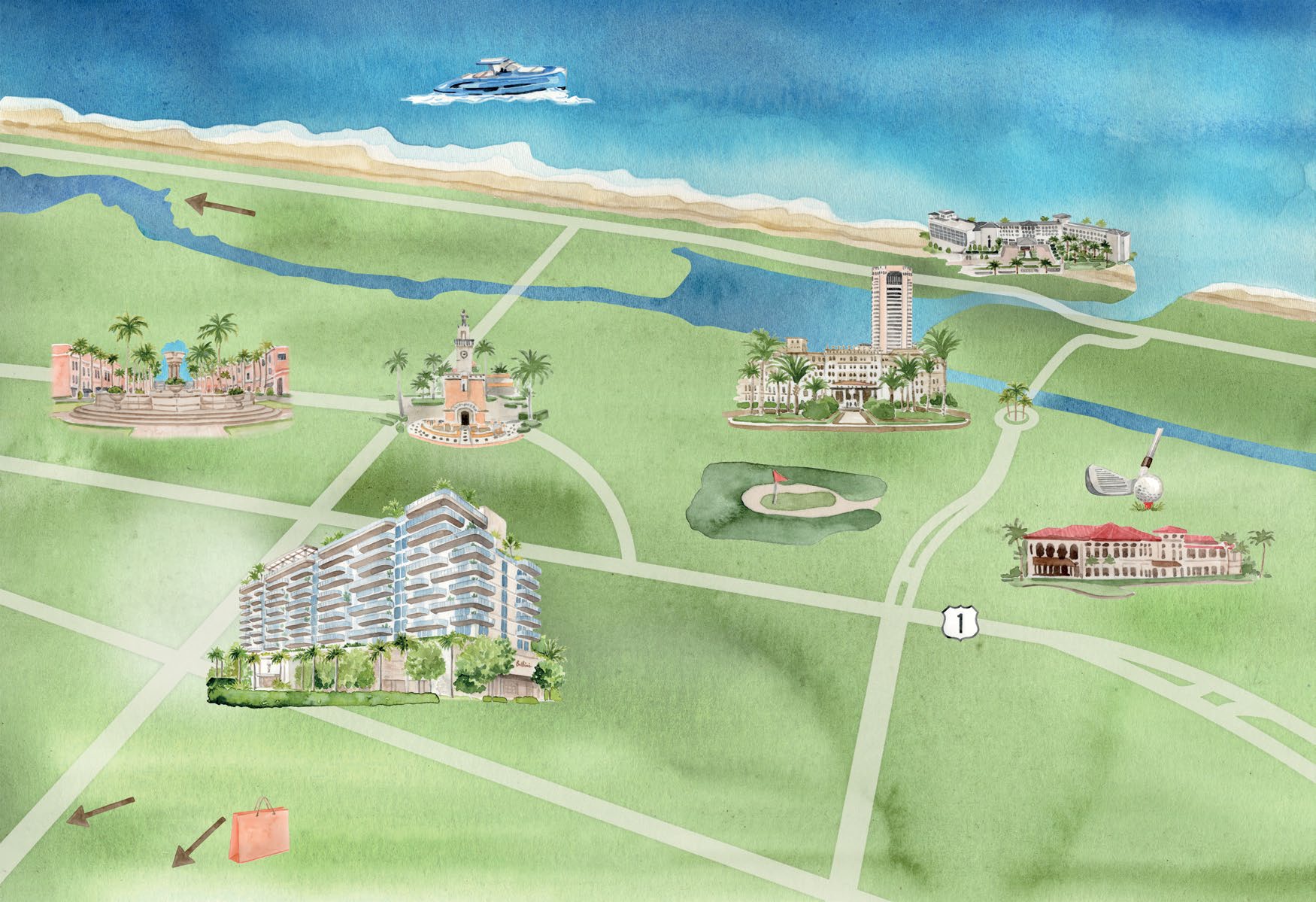 Illustrated map of downtown Boca Raton showing Mr. C Residences near the Intracoastal and the beach