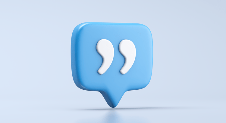 Blue 3D speech bubble with white quotation marks inside floats against a light blue background, conveying communication or dialogue.