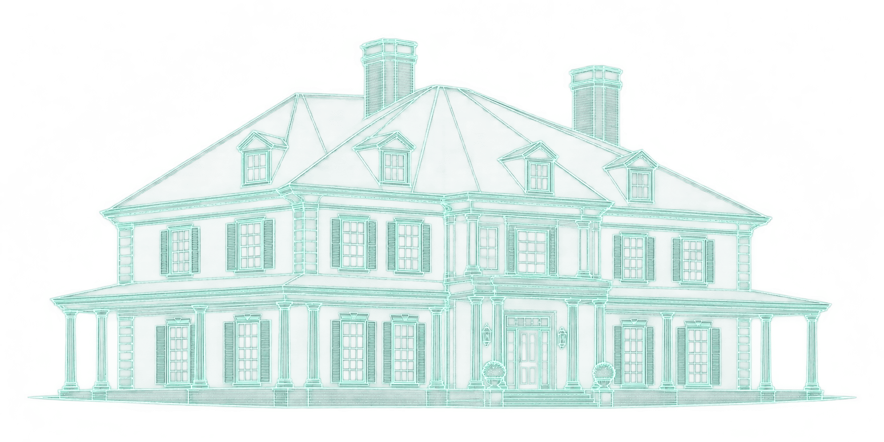 Line drawing of a large two-story house with columns, dormer windows, and chimneys
