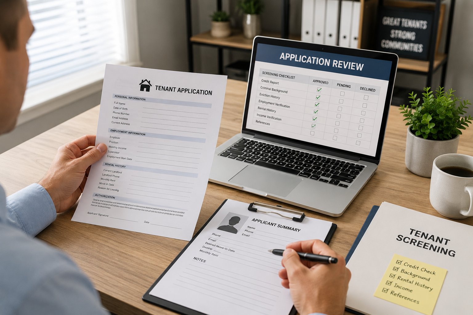 A person reviews a tenant application form next to a laptop displaying an application checklist.