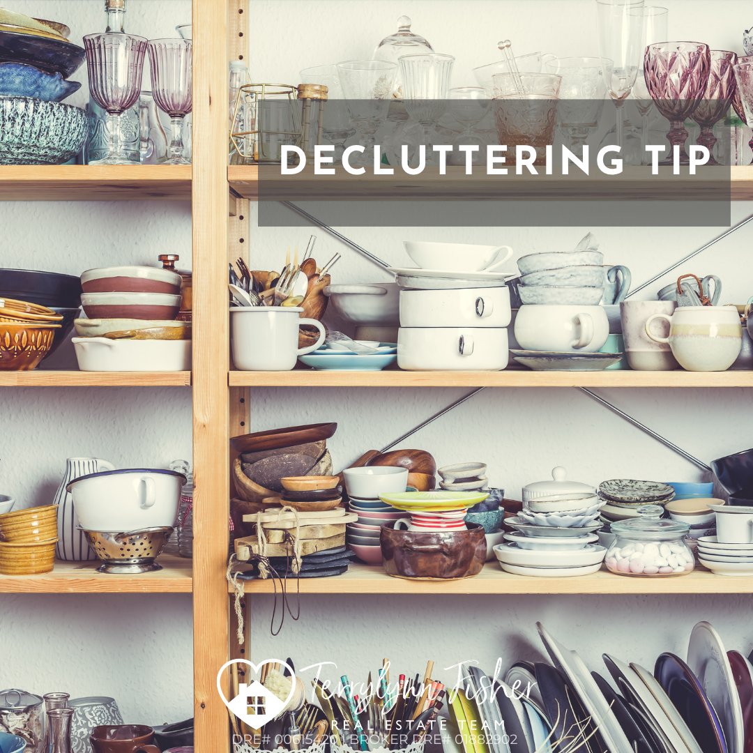 Decluttering tip graphic over crowded shelves of dishes and glassware.