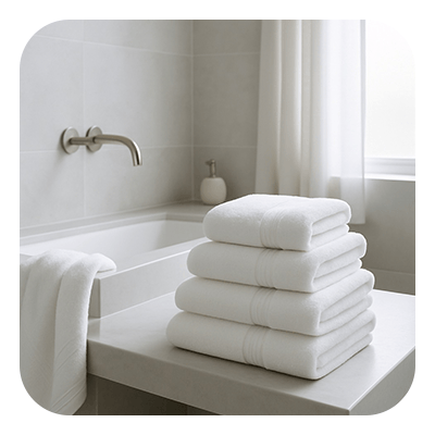 White bathtub with a chrome faucet and a stack of folded white towels on the ledge.
