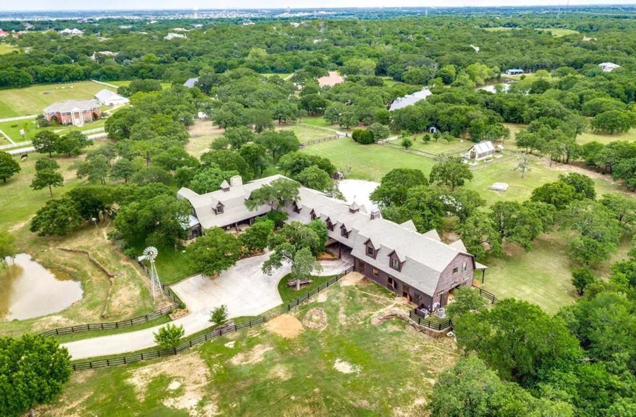 Aerial drone view of Dove Creek Estates Bartonville TX showing large acreage lots and custom luxury homes