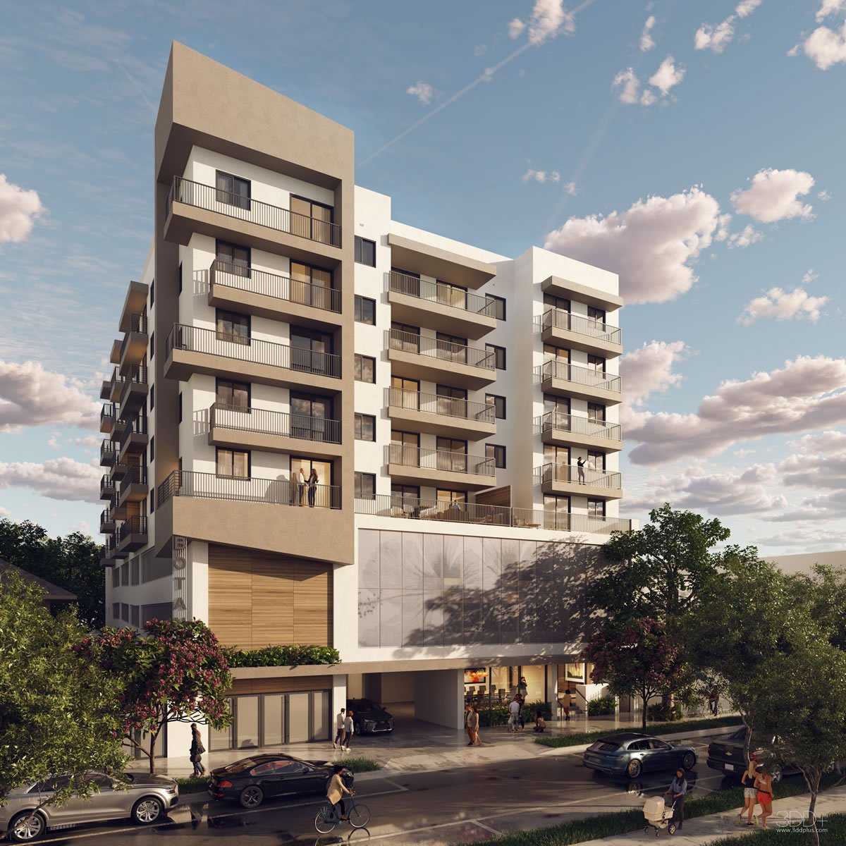 Modern apartment building with stacked balconies, ground-floor storefronts, and a street-level parking entrance.