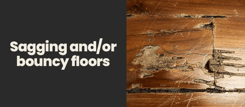 Sagging and bouncy floors, illustrated by cracked and worn wooden flooring.