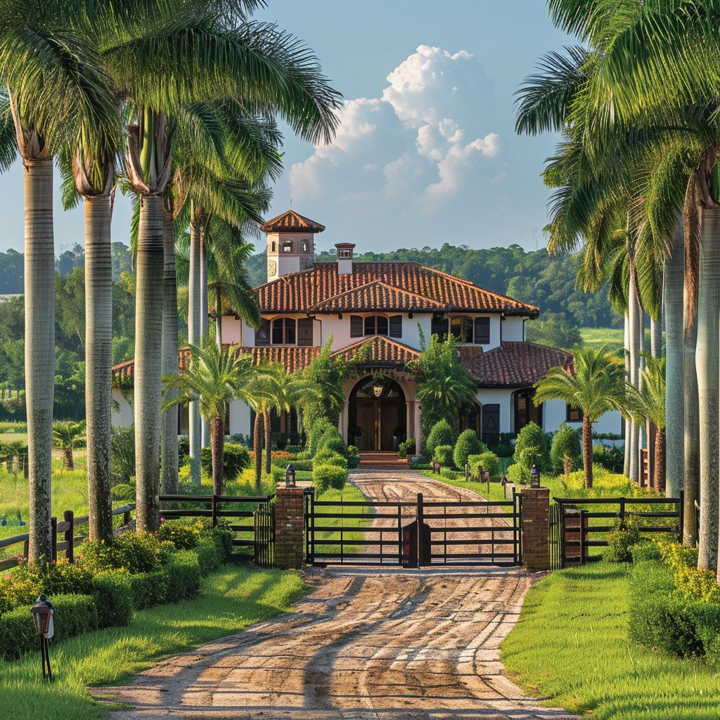 Spanish-style home behind a gated stone driveway, framed by tall palms.