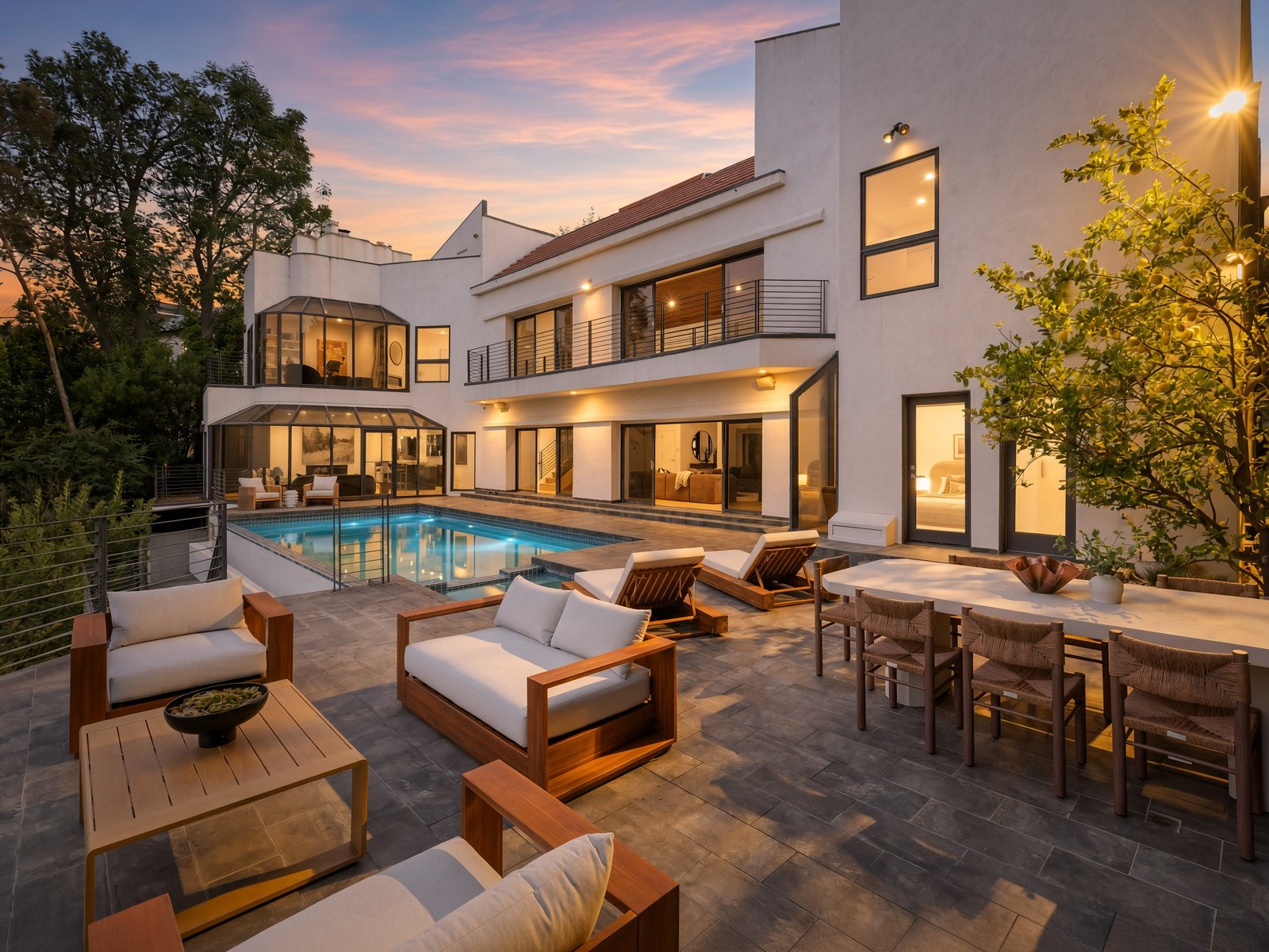 Poolside dining terrace at dusk at 11955 Pinnacle Pl, Beverly Hills