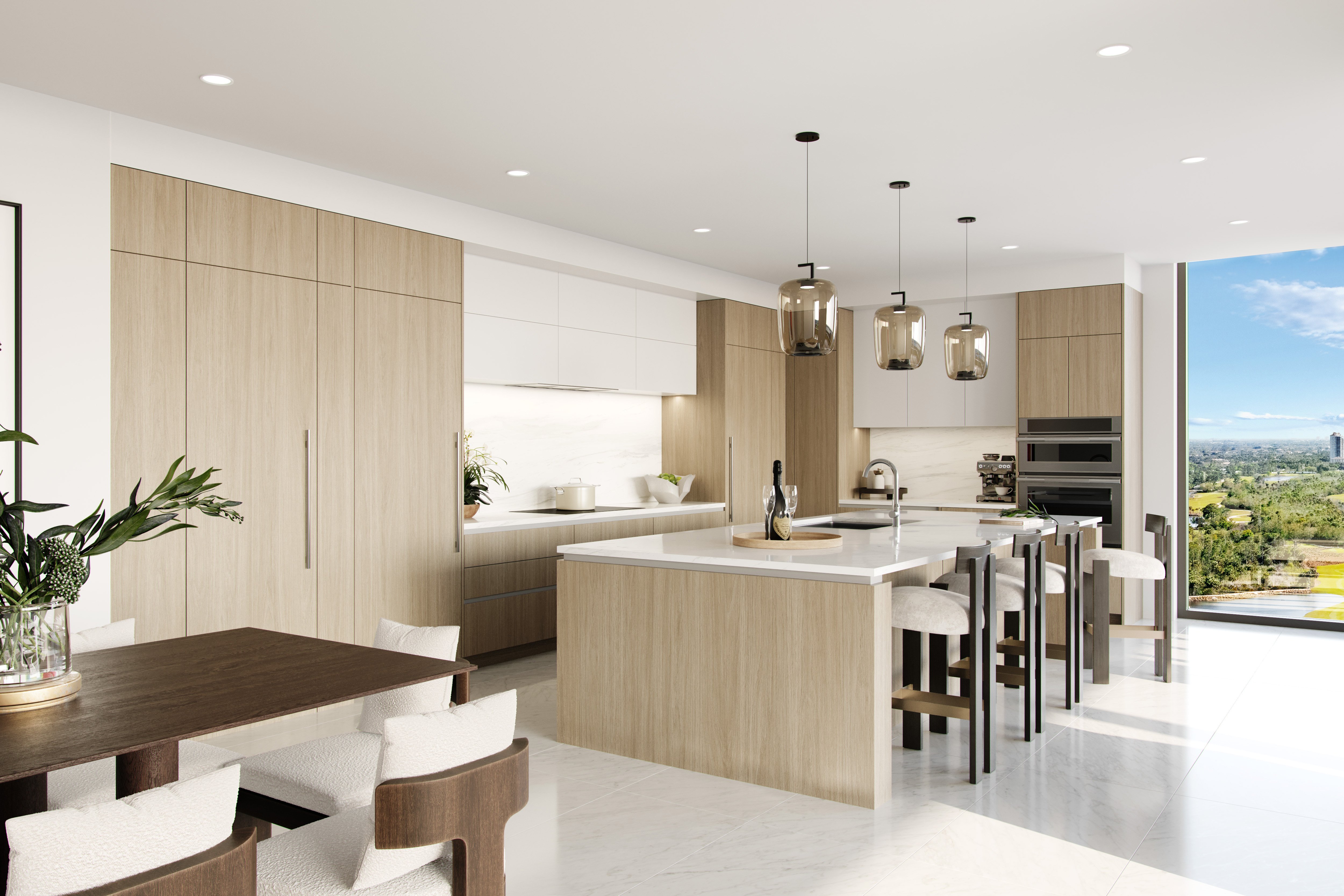 Rendering of an open kitchen with an island at The Island at West Bay Club