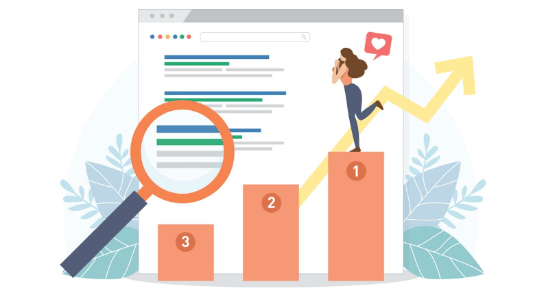 Search rankings rise as a person runs up three numbered bars beside a magnifying glass.