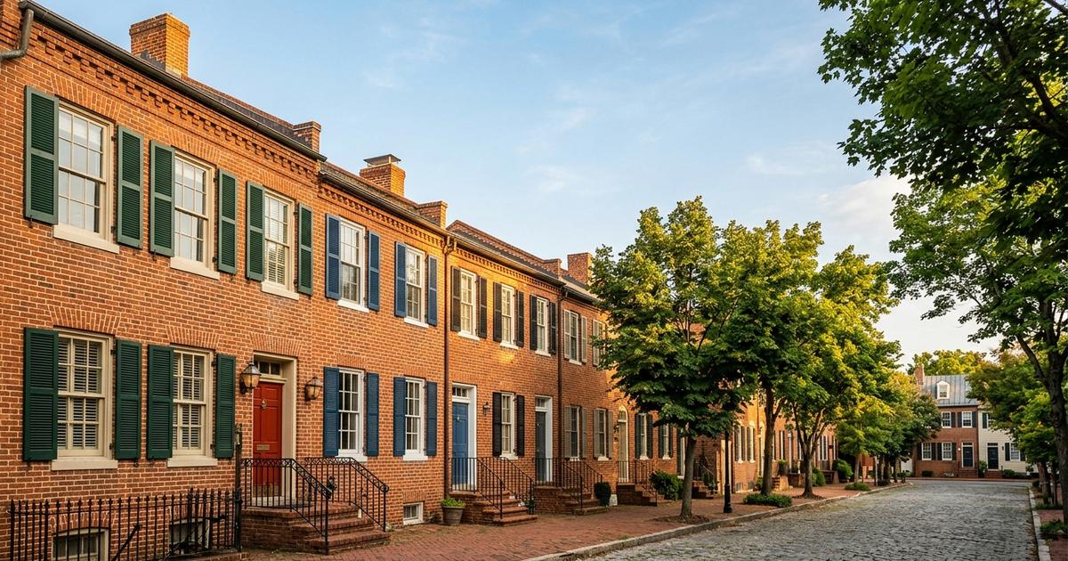 Row of Federal-style brick townhomes with painted shutters on a tree-lined Old Town Alexandria street in late afternoon light