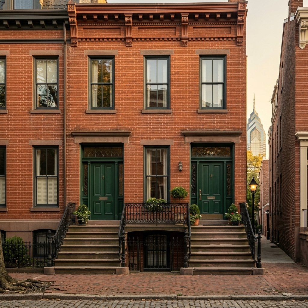 Red-brick Philadelphia rowhome facade with stone steps and classic architectural details