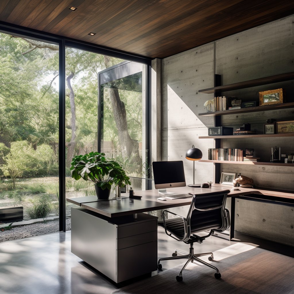 Modern home office with a black desk, concrete walls, and floor-to-ceiling windows overlooking trees.