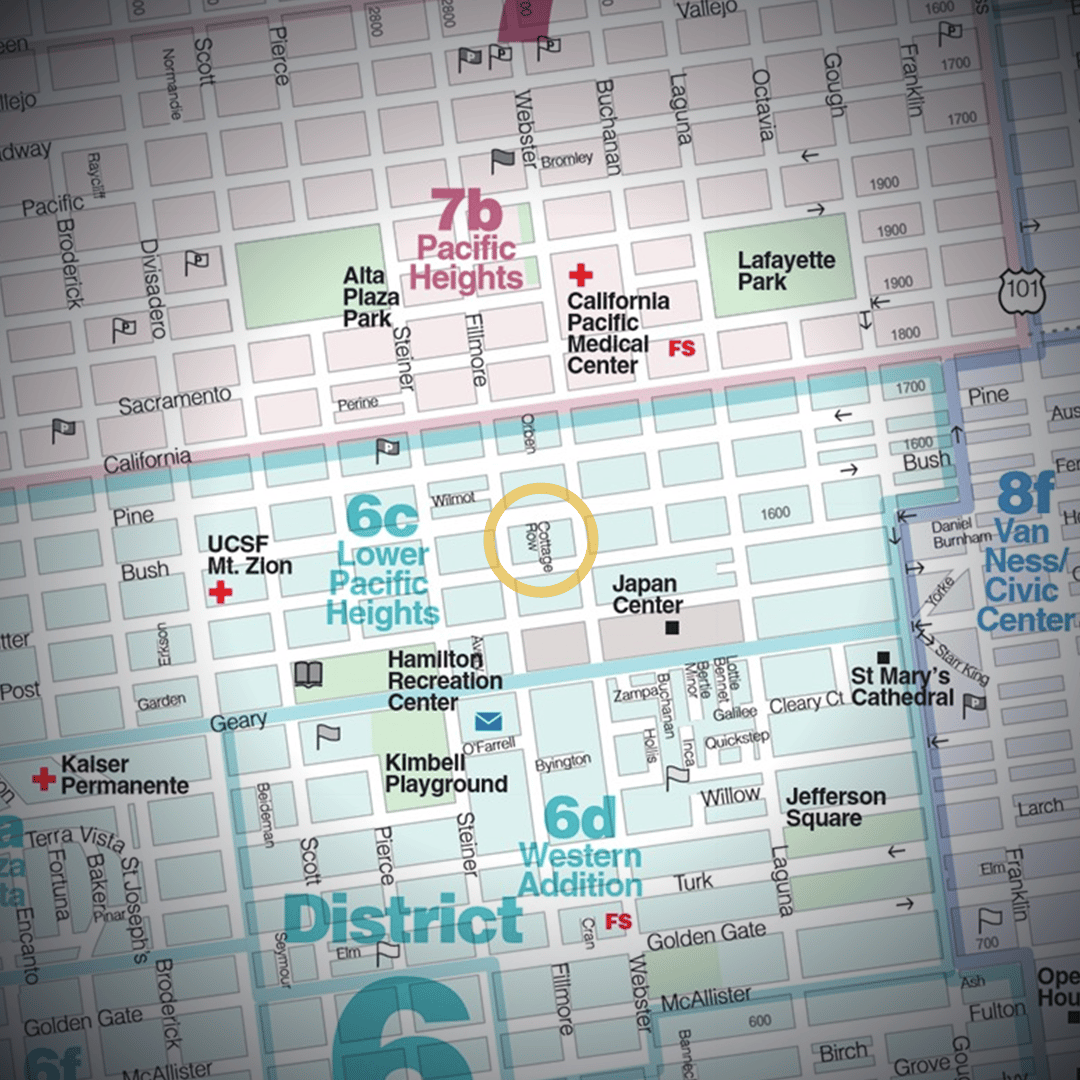 Map of Lower Pacific Heights in San Francisco with Cottage Row circled between Bush and Sutter Streets, near Japan Center