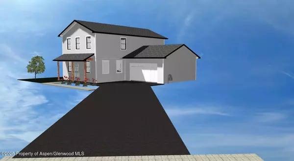 Rendered two-story gray home with an attached garage and long dark driveway.