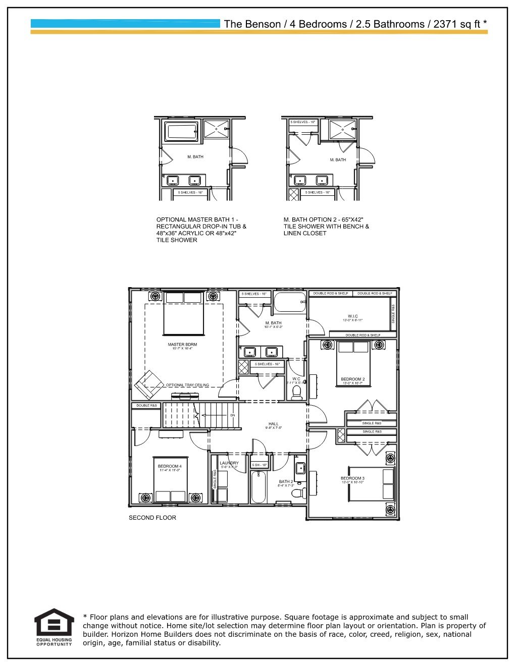 The Benson second-floor plan with four bedrooms, two bathroom options, laundry, and a walk-in closet.
