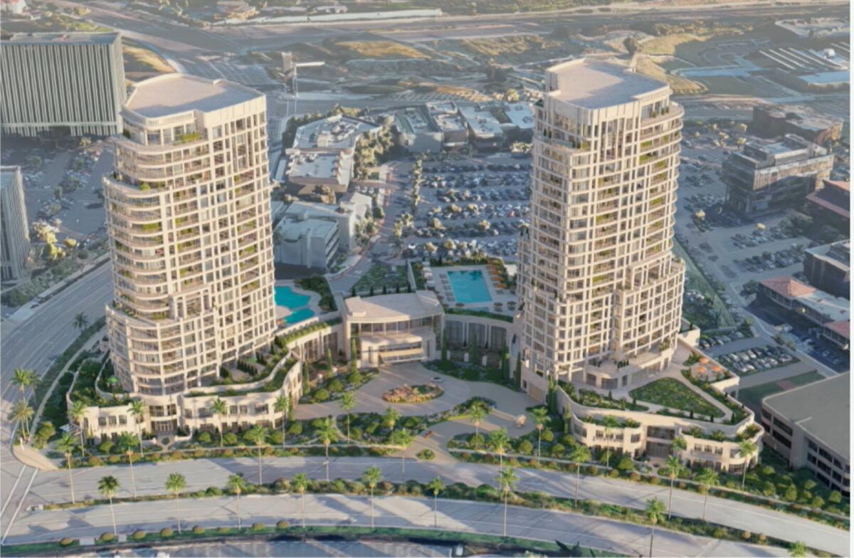 Rendering of proposed 22-story luxury condo towers at Newport Center near Fashion Island, Newport Beach