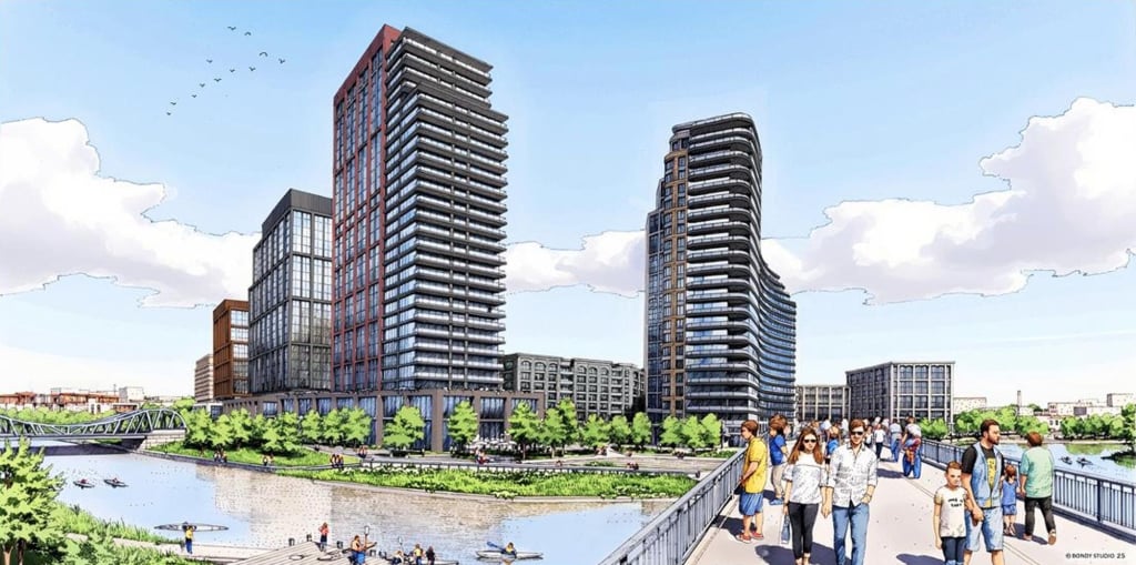 Proposed waterfront development with modern towers, a river promenade, and pedestrian bridges.