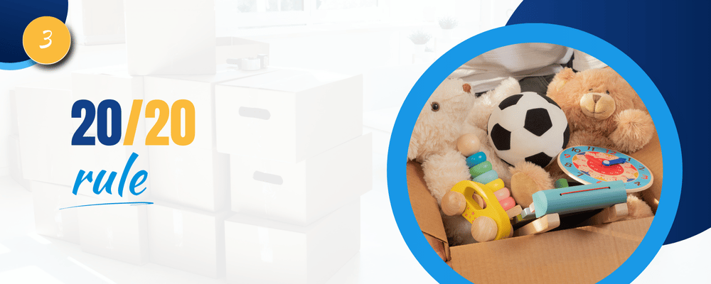 Decluttering tip 3: the 20/20 rule, illustrated with a box of toys.