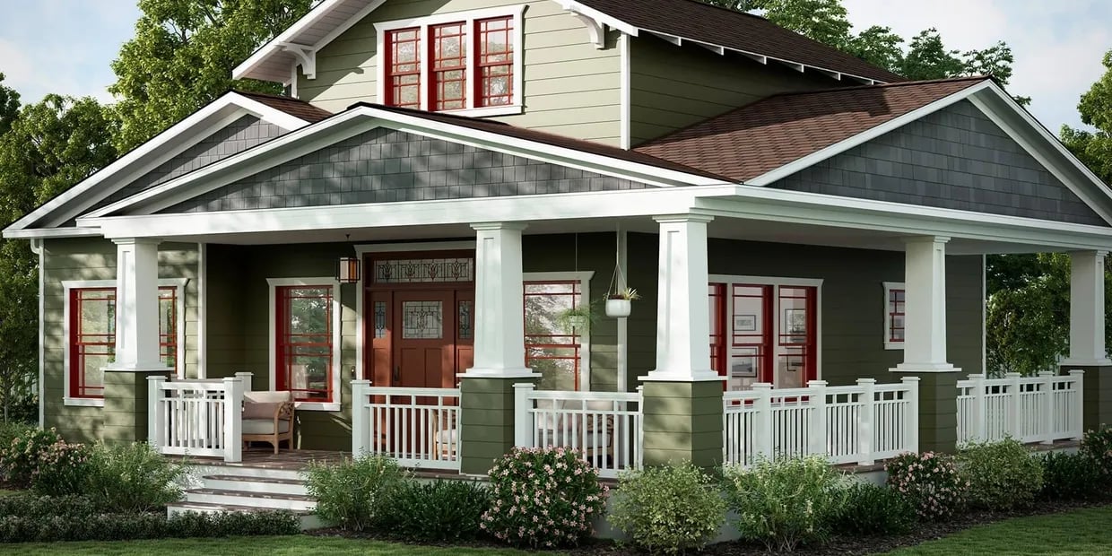 Craftsman home with a broad columned porch, white railings, and red-trimmed windows.