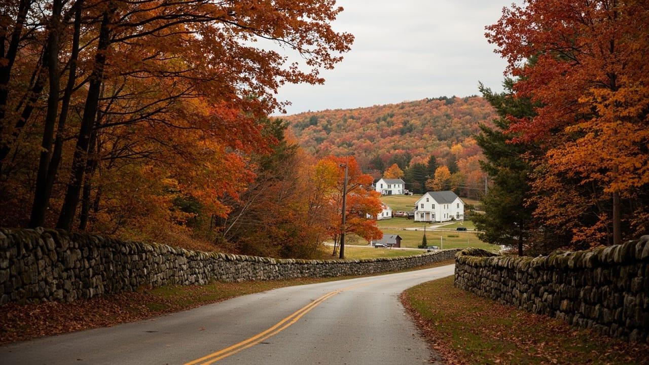 Country road winding between stone walls toward white farmhouses and an autumn-colored hillside.