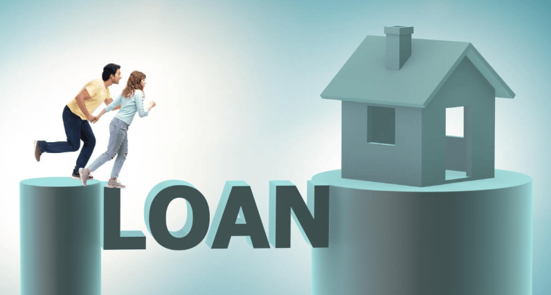 Two people leap toward a house beside the word “LOAN.”