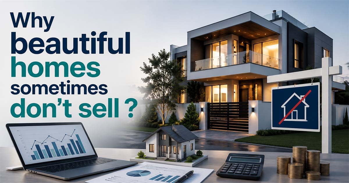 Why beautiful homes sometimes don’t sell? A modern house appears beside a crossed-out real estate sign and market charts.