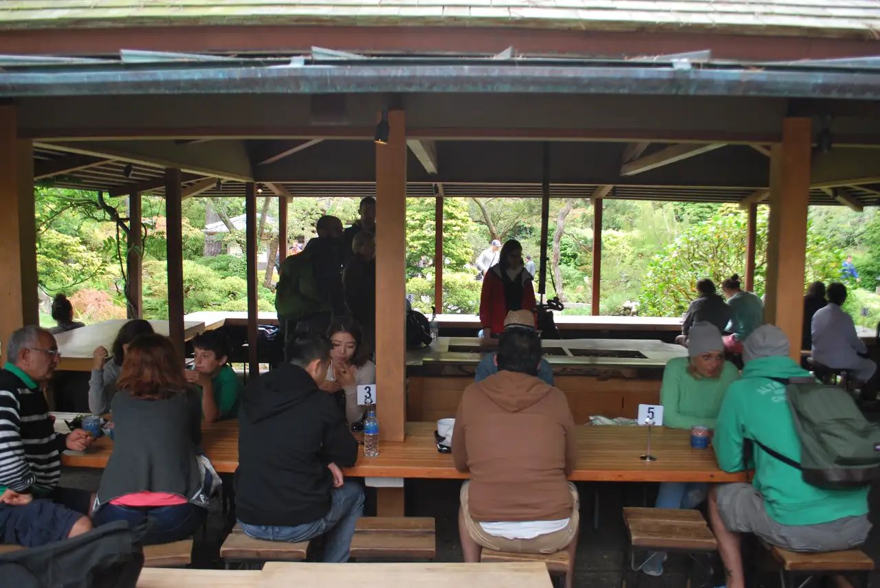 A cozy interior shot of the tea house at the Japanese Tea Garden in Golden Gate Park