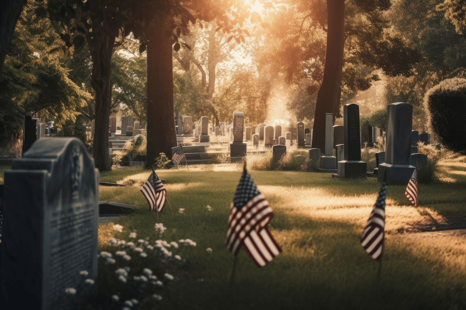 Cemetery gravestones beneath mature trees, with American flags marking graves.