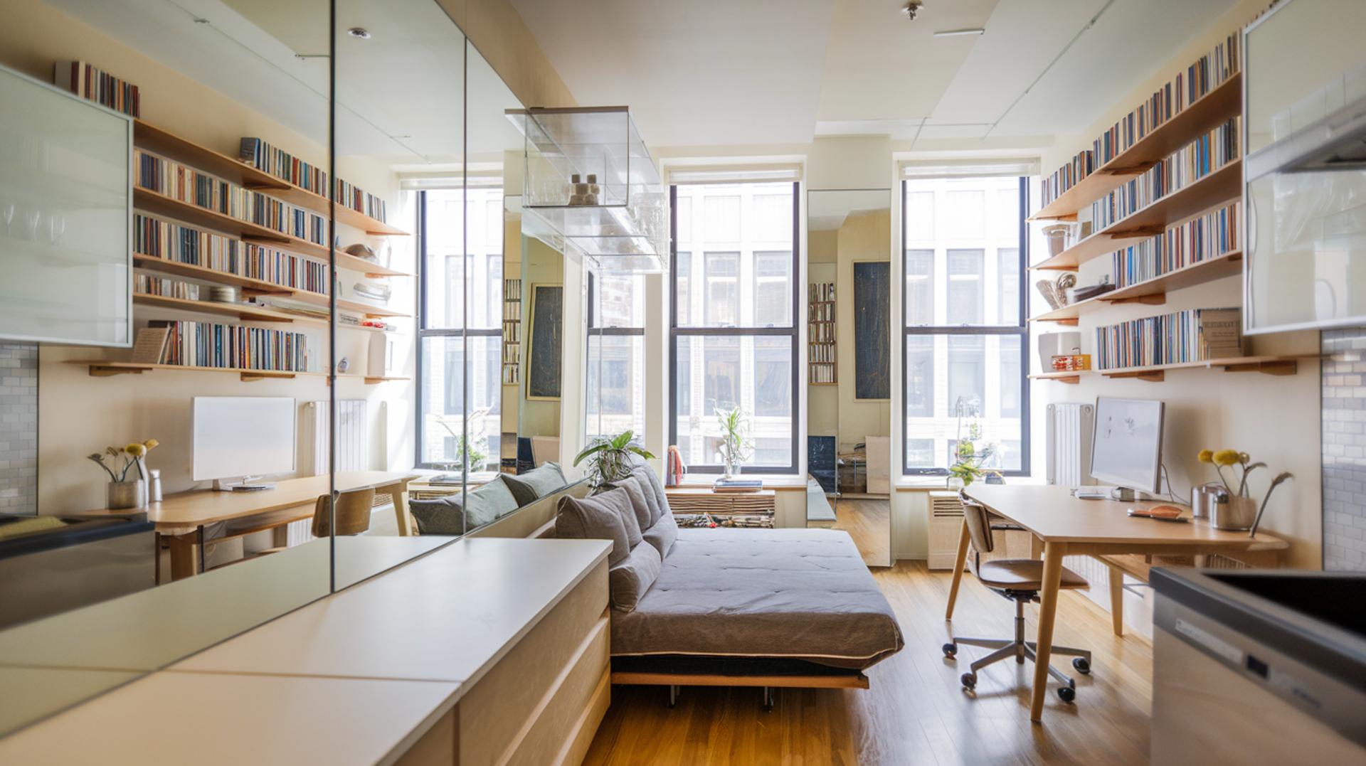 Bright apartment living area with built-in bookshelves, mirrored walls, large windows, and a sofa bed.