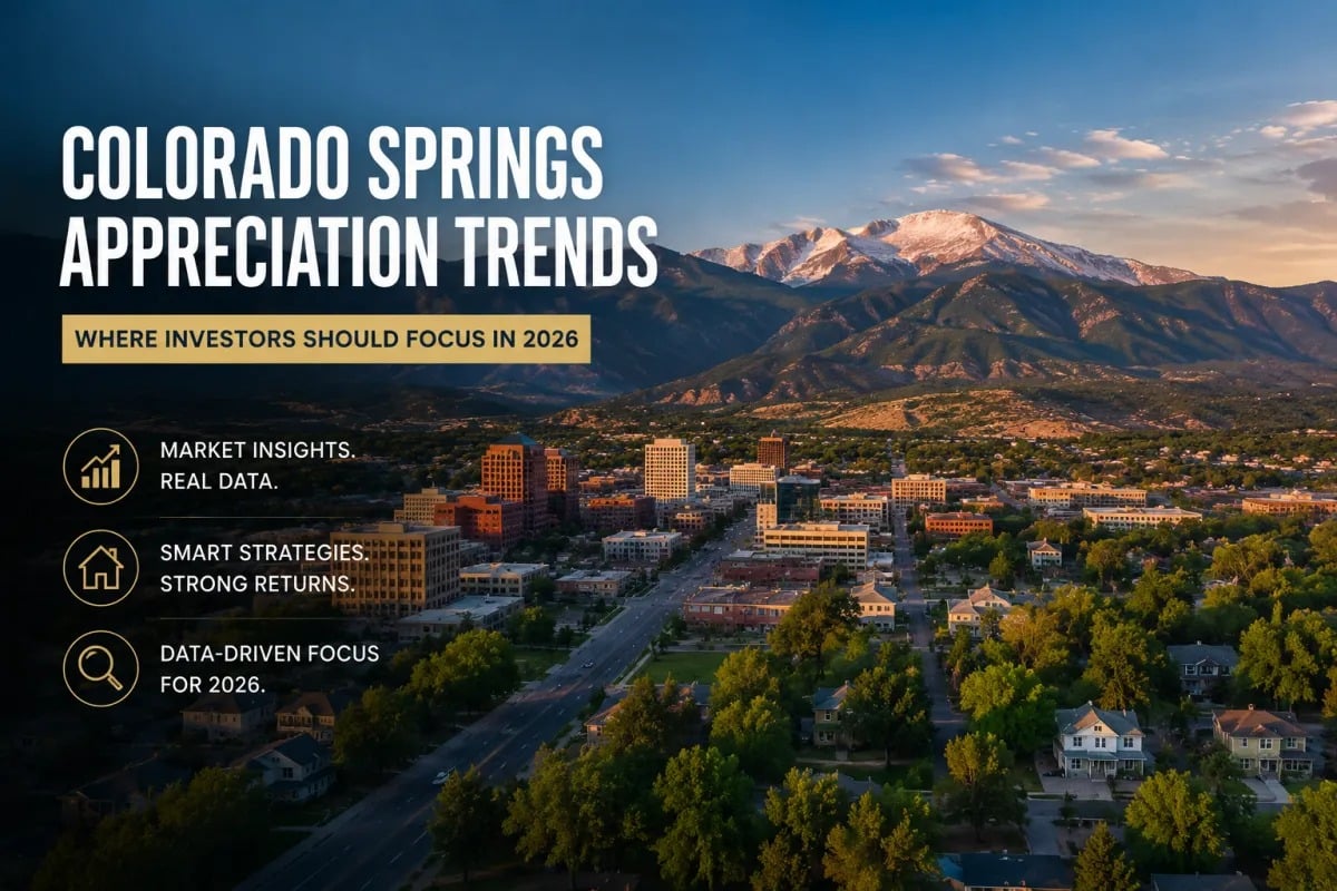 Colorado Springs appreciation trends for 2026, over an aerial city view with the Rocky Mountains.