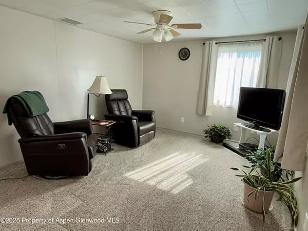 Living room with two leather recliners, beige carpet, and sunlight streaming through a window.