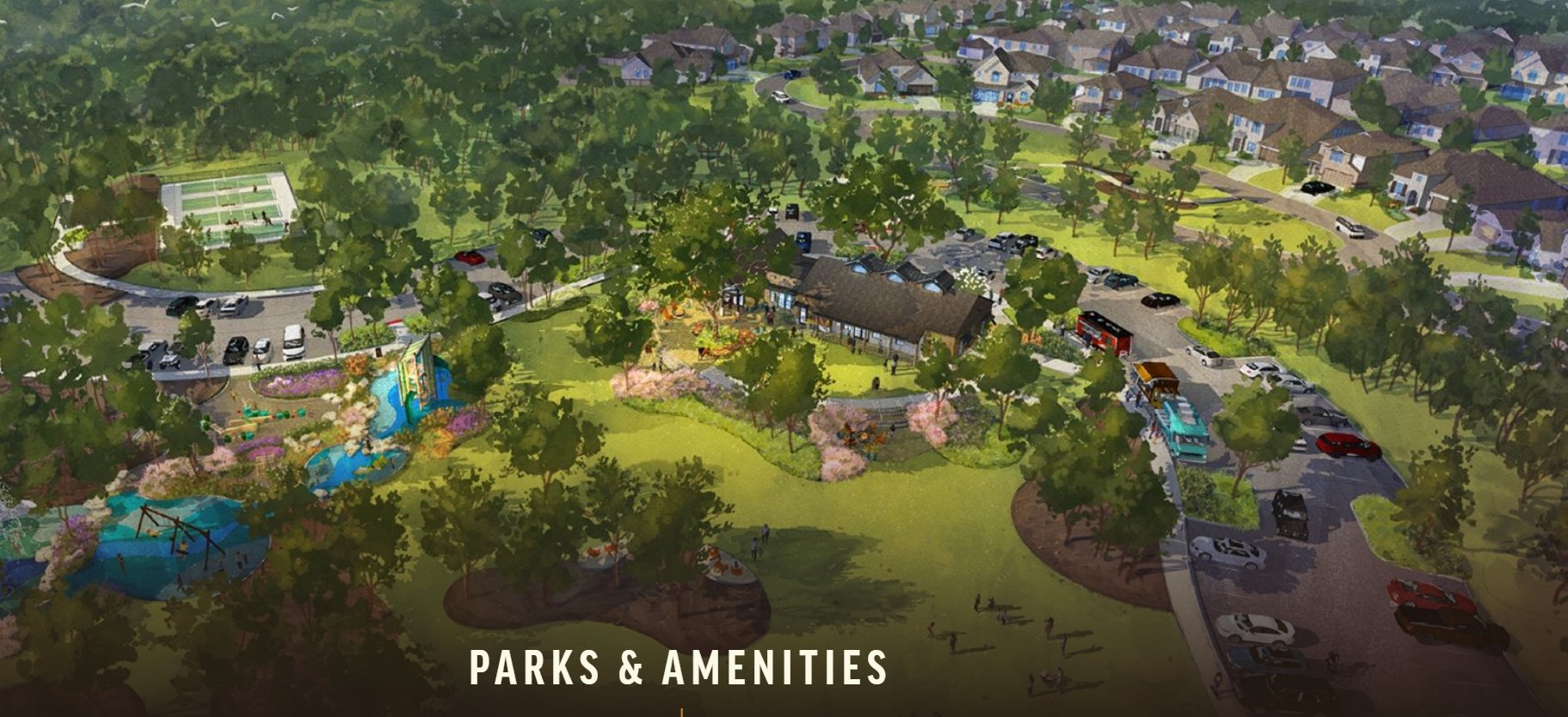 Aerial rendering of a residential subdivision’s parks and amenities, including tennis courts, a playground, and landscaped paths.